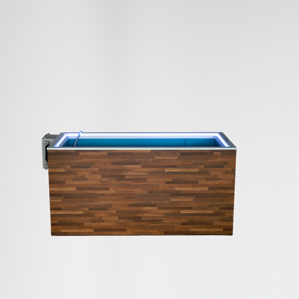 Wooden cold plunge tub with blue interior on a white background