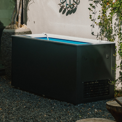Black matte Plunge Zero SoftTop cold plunge tub with blue lighting in a modern gray room.