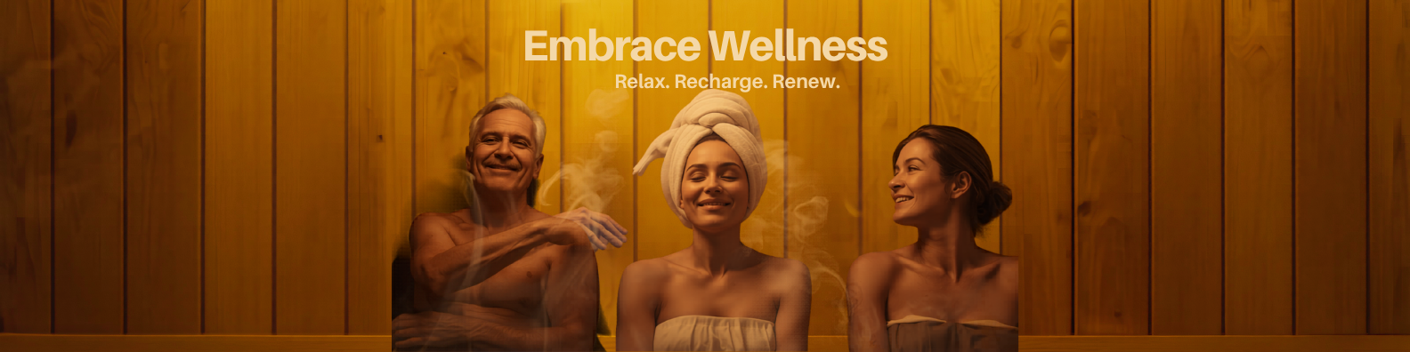 Three people standing in a sauna with wooden walls, promoting wellness.