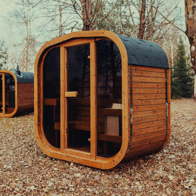 Front view of the Mande Spa USA MW12 outdoor sauna with a tempered glass door and windows in a peaceful forest setting.