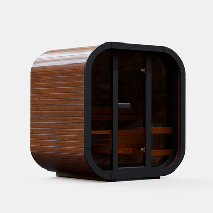 Fully assembled Mande Spa USA MW16 indoor sauna in the black frame with tempered glass door and windows, without roof tiles and metal bands, on a white background.