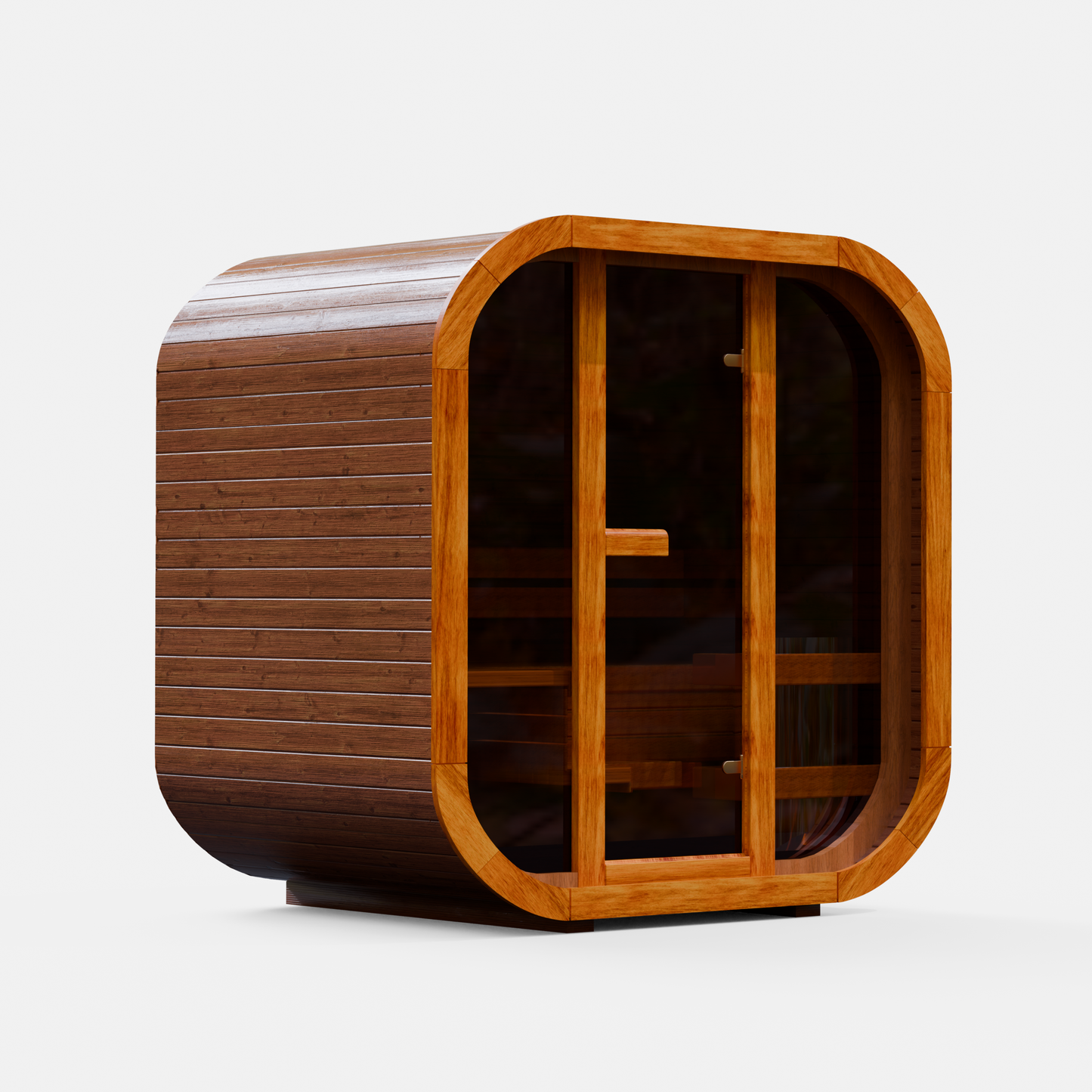Fully assembled Mande Spa USA MW16 indoor sauna with tempered glass door and windows, without roof tiles and metal bands, on a white background.