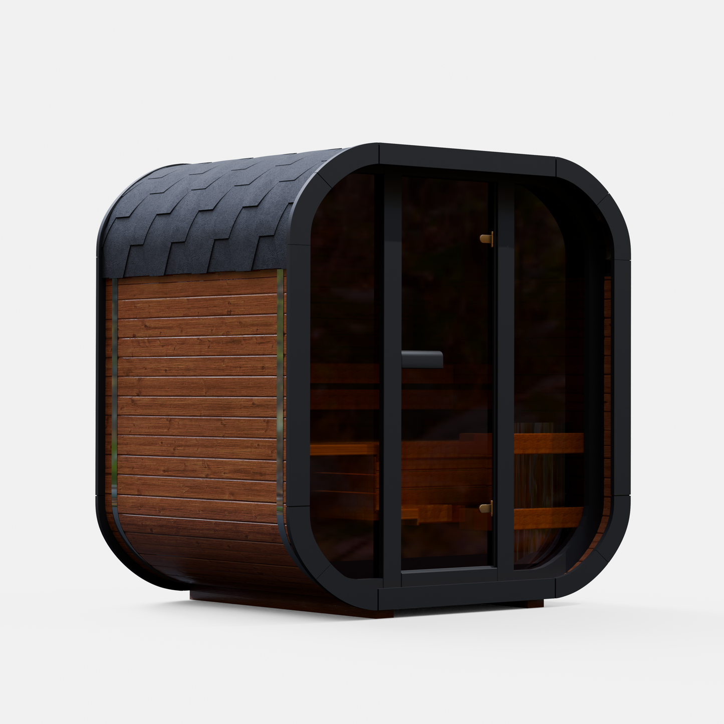 Fully assembled Mande Spa USA MW16 outdoor sauna with black frame, tempered glass door, windows, and Bituminous roof tiles on a white background.