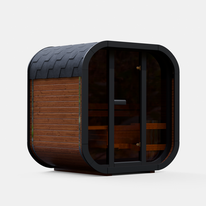 Fully assembled Mande Spa USA MW16 outdoor sauna with black frame, tempered glass door, windows, and Bituminous roof tiles on a white background.
