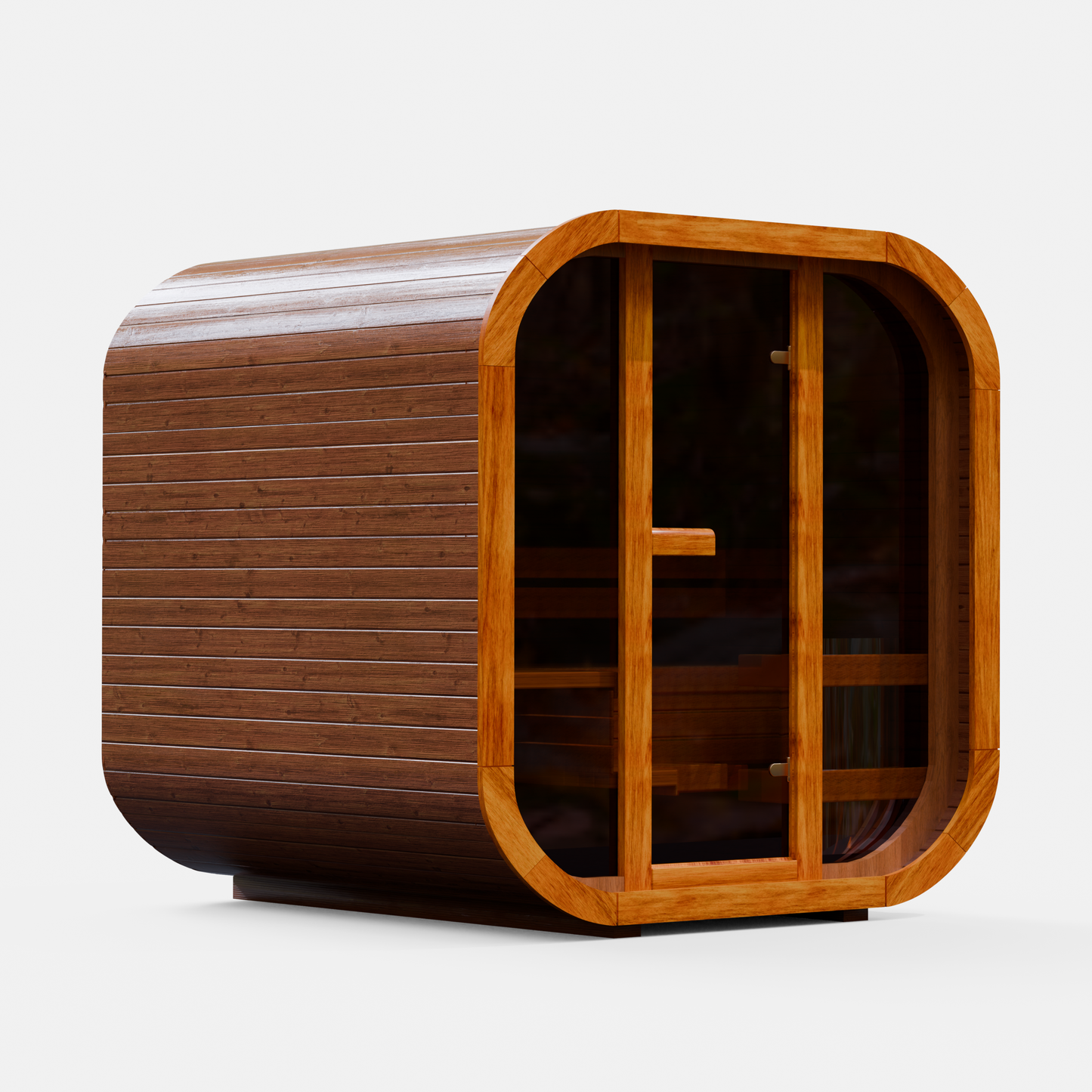 Fully assembled Mande Spa USA MW20 indoor sauna without roof tiles or metal bands on a white background, featuring a ThermoWood® design for home wellness and spa use.