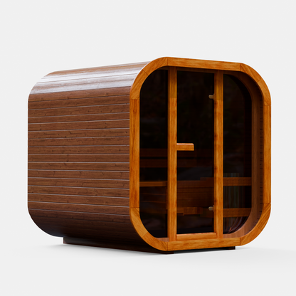 Fully assembled Mande Spa USA MW20 indoor sauna without roof tiles or metal bands on a white background, featuring a ThermoWood® design for home wellness and spa use.