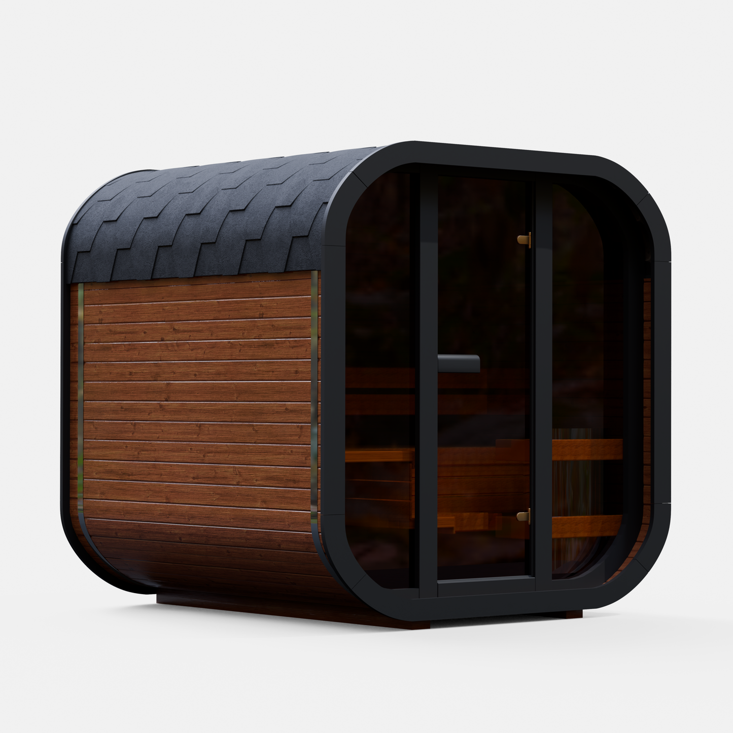 Fully assembled Mande Spa USA MW20 outdoor sauna with Bituminous roof and black frame on a white background, featuring a ThermoWood® design for backyard wellness and home spa use.