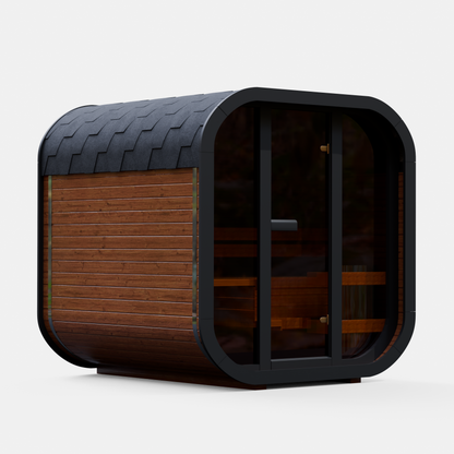 Fully assembled Mande Spa USA MW20 outdoor sauna with Bituminous roof and black frame on a white background, featuring a ThermoWood® design for backyard wellness and home spa use.