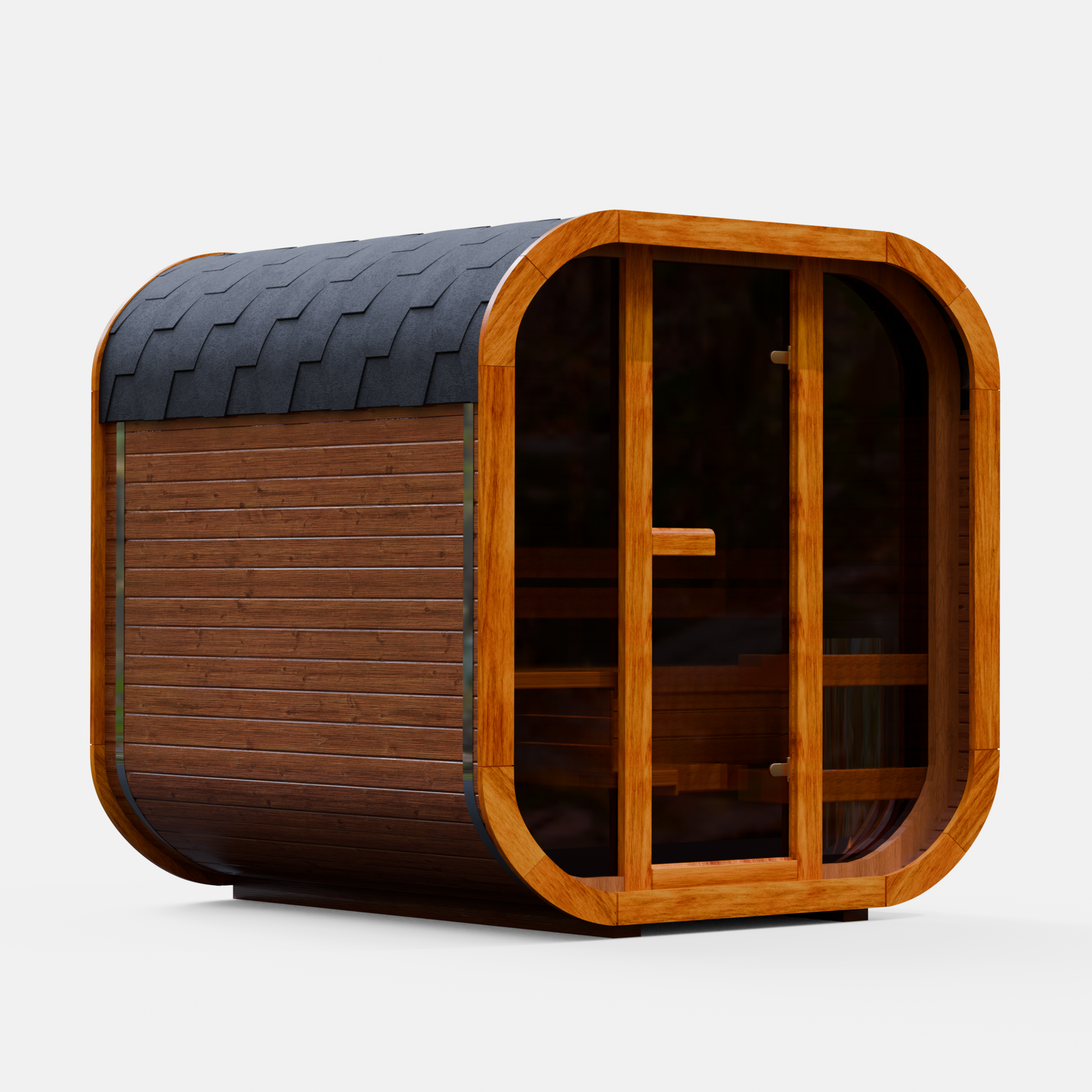 Fully assembled Mande Spa USA MW20 outdoor sauna with Bituminous roof on a white background, featuring a ThermoWood® design for backyard wellness and home spa use.