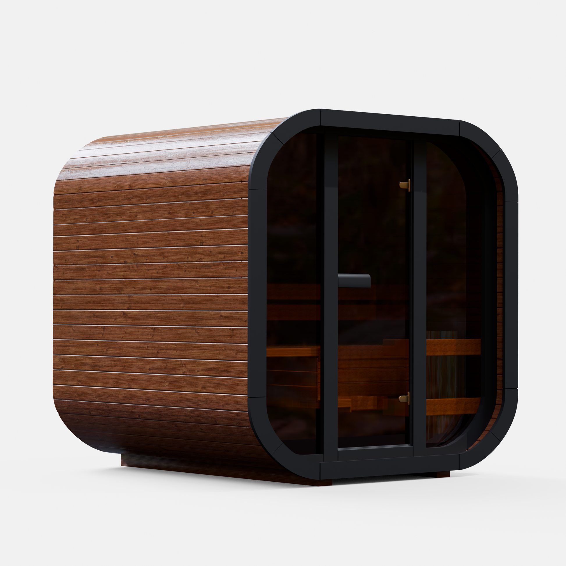Fully assembled Mande Spa USA MW20 the black frame indoor sauna without roof tiles, and metal bands on a white background, featuring a ThermoWood® design for home wellness and spa use.