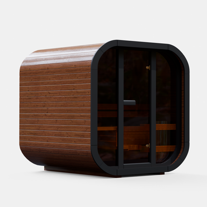 Fully assembled Mande Spa USA MW20 the black frame indoor sauna without roof tiles, and metal bands on a white background, featuring a ThermoWood® design for home wellness and spa use.