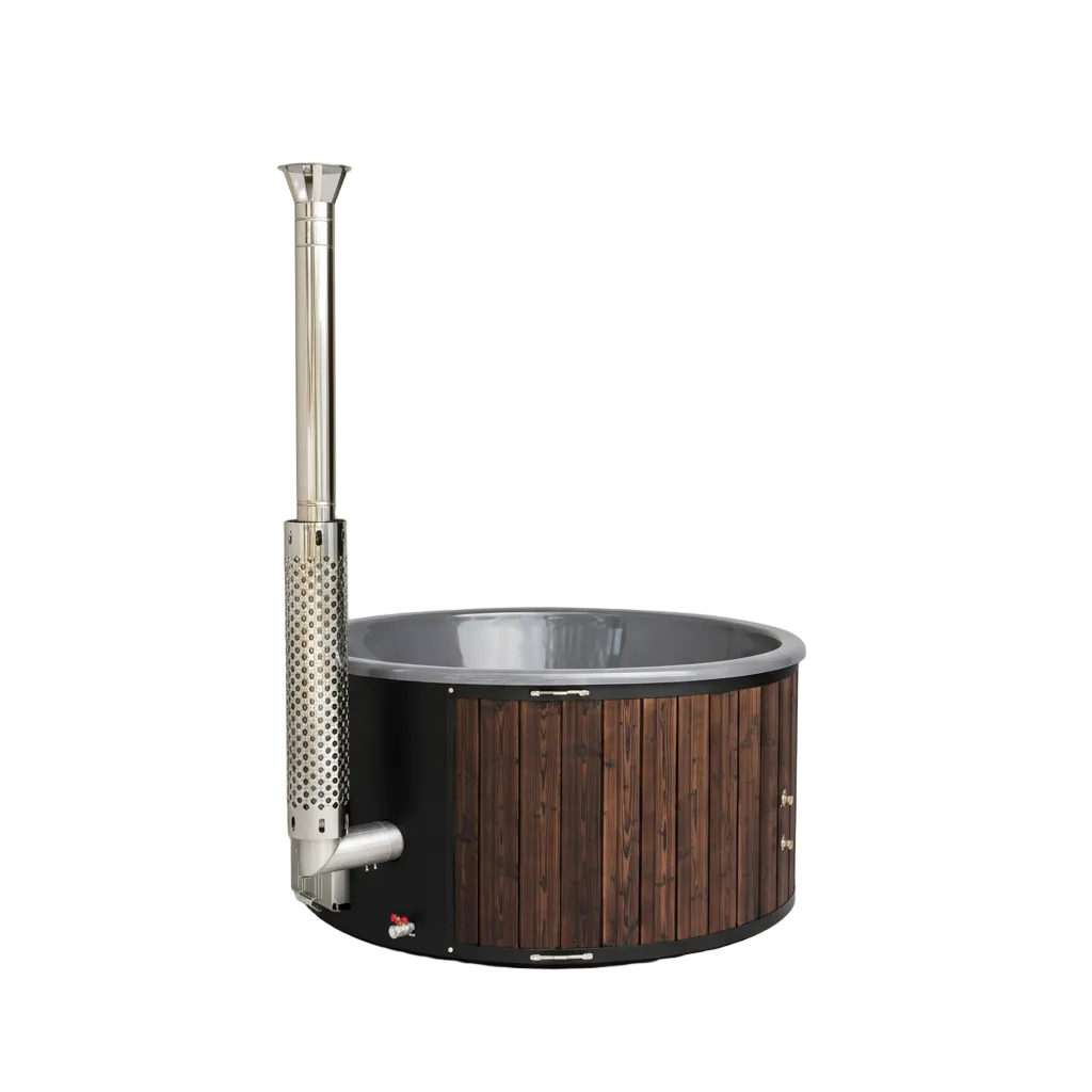 Fully assembled wood-fired hot tub with a metallic chimney on a white background