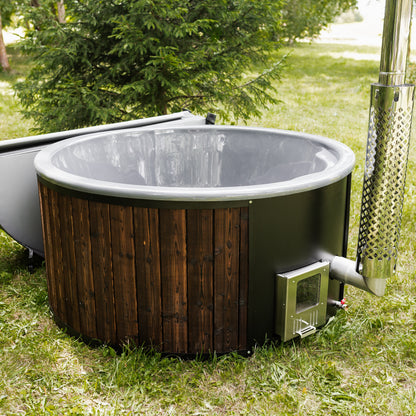 A wood-burning backyard hot tub for outdoor wellness, relaxation, and home spa use