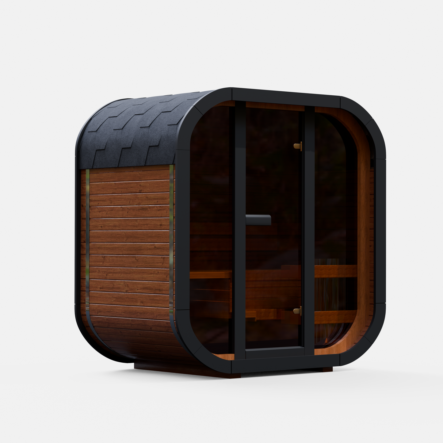 Outdoor sauna with Bituminous roof and the black color frame on a white background, featuring a compact ThermoWood design for backyard wellness and home spa use.