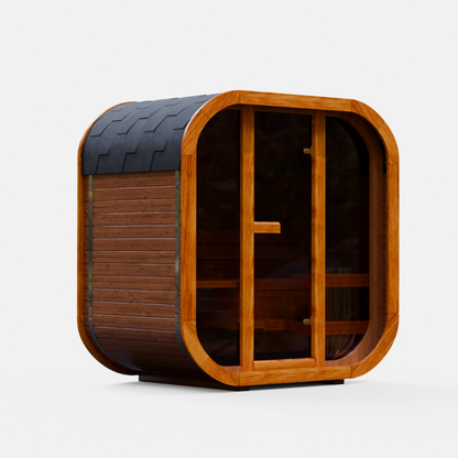 Outdoor sauna with Bituminous roof on a white background, featuring a compact ThermoWood design for backyard wellness and home spa use.