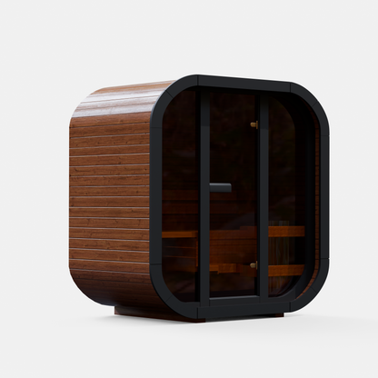 Mande Spa USA MW12 indoor sauna without  roof and the black frame color on a white background, featuring a compact ThermoWood design for backyard wellness and home spa use.