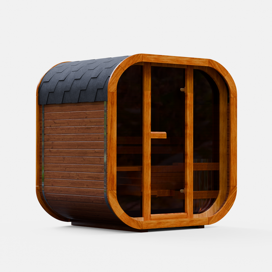 Fully assembled Mande Spa USA MW16 outdoor sauna with tempered glass door, windows, and Bituminous roof tiles on a white background, featuring a ThermoWood® design for backyard wellness and home spa use.